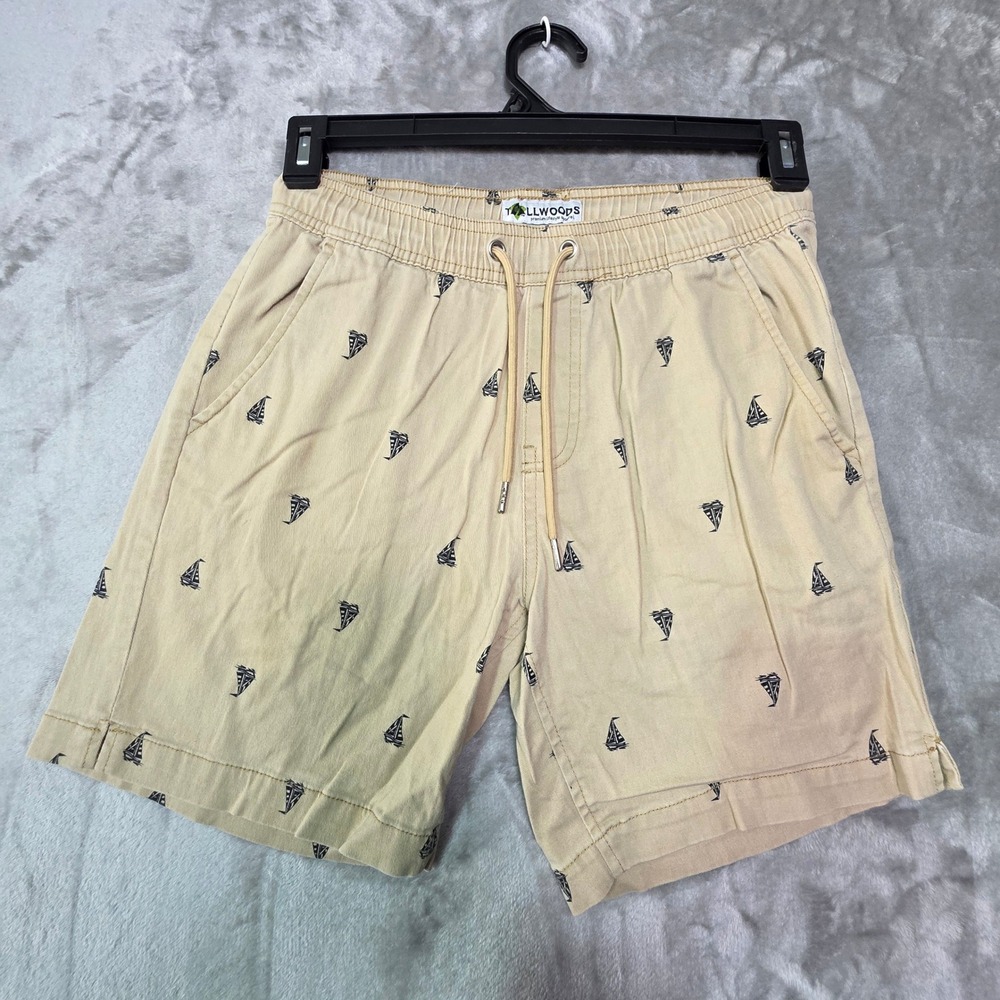 Tallwoods Mens Small Khaki Tan Sailboat Print Drawstring Casual Shorts Nautical